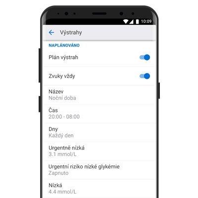 Chytré zařízení ukazující příklad přizpůsobení plánu výstrah s Dexcom G6 CGM